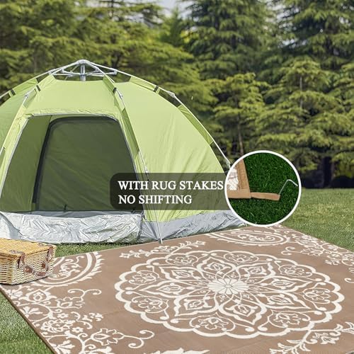 Pauwer Outdoor Rug 9x12, Waterproof Plastic Straw Camping Rug, Boho Brown - Image 6