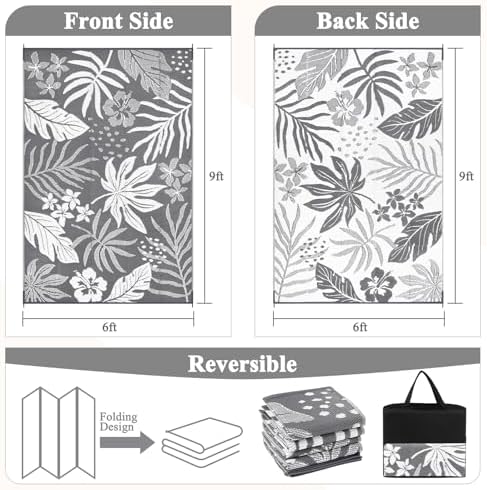 Pauwer Waterproof Outdoor Rug 6x9, Plastic Straw Patio Rug, Floral Grey - Image 2