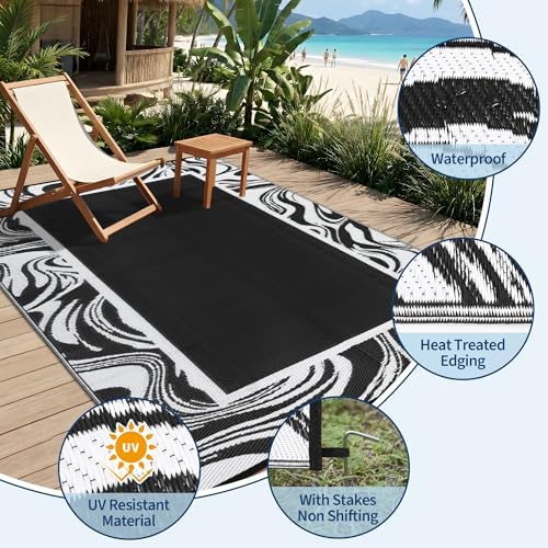Garvee 6x9 Black and White Outdoor Rug Weather Resistant Waterproof Patio Rugs - Image 4