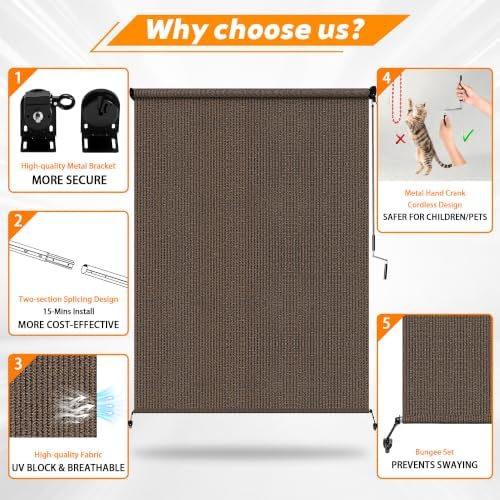 Outdoor Roller Shades for Patio 10'Wx8'H Mocha, 90% UV Block & Privacy - Image 3