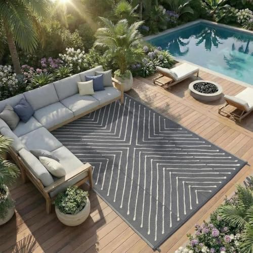 Garvee Modern Striped 9x12 Extra Large Reversible Outdoor Rug, Waterproof Patio - Image 2