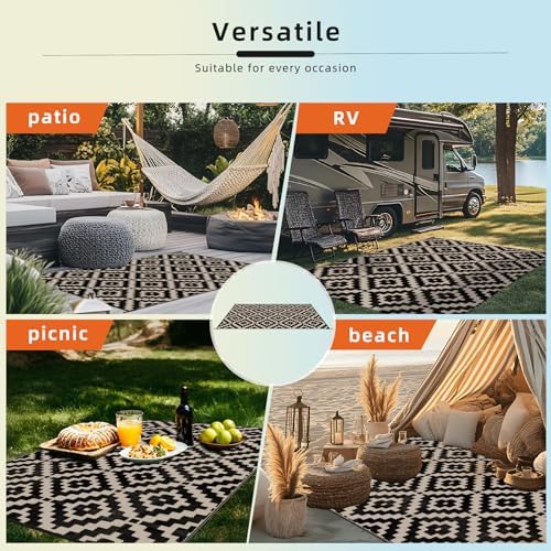 Favoyard Outdoor Rug Black & Beige 4x6 ft Waterproof Reversible Carpet Mat - Image 6