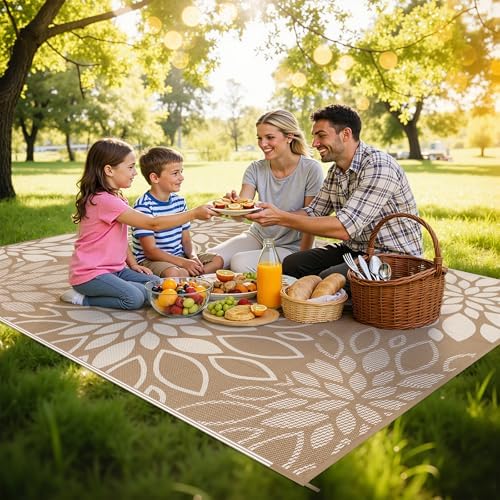 HEBE Waterproof Outdoor Rug 5'x8', Floral Reversible Plastic Patio Rug - Image 3