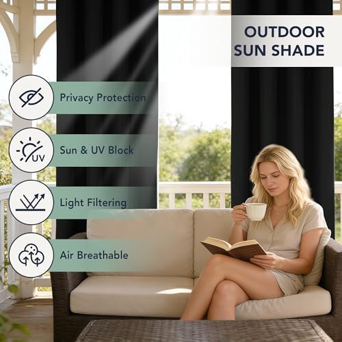 Black Outdoor Curtains for Patio Waterproof, 6 Drape Panels - Image 3