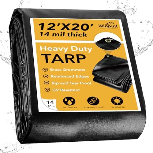 Winpull Heavy Duty Tarp 14 Mil Tarp Waterproof Black 12x20 FT, UV Resistant by Winpull