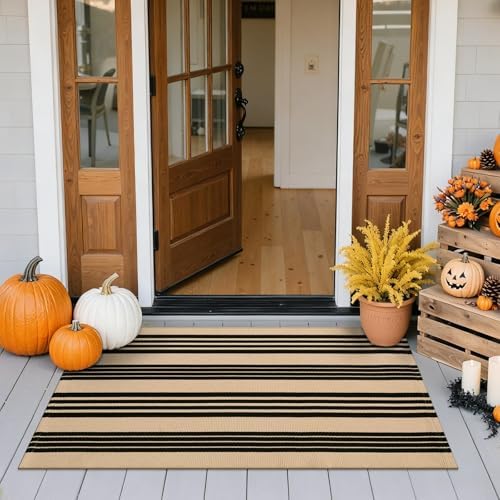 Striped Outdoor Fall Front Door Mat 24"x51", Cotton Washable Rug - Image 2