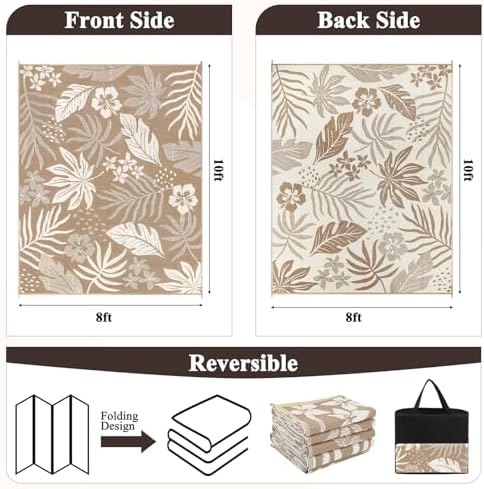 Pauwer Waterproof Outdoor Rug 8x10, Plastic Straw Patio Rug, Floral Brown - Image 2