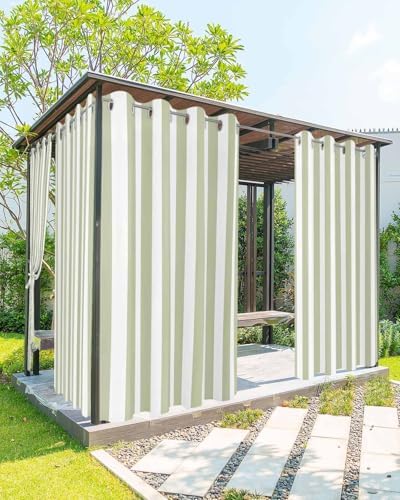 Striped Outdoor Curtains for Patio Waterproof Weatherproof, Sage Green and by BABE+MAPS