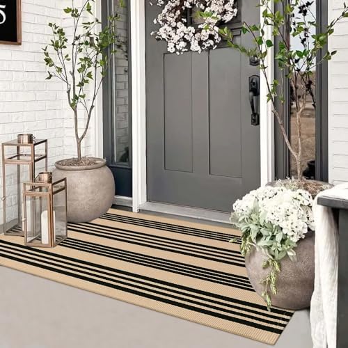 Striped Outdoor Fall Front Door Mat 24"x51", Cotton Washable Rug by Sungea