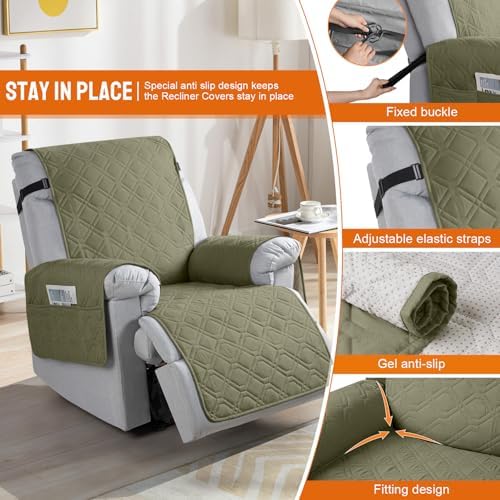 VANSOFY 100% Waterproof Recliner Chair Covers Washable, Olive Green - Image 3
