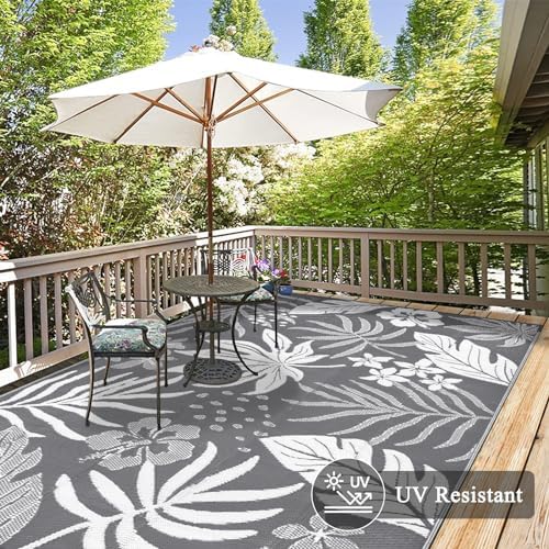 Pauwer Waterproof Outdoor Rug 6x9, Plastic Straw Patio Rug, Floral Grey - Image 4