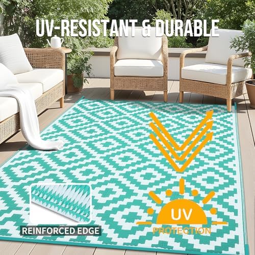 OLANLY Outdoor Rug 9x18 ft Waterproof Reversible Mat, Turquoise & White - Image 4