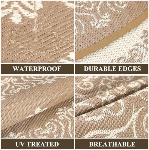 Pauwer Outdoor Rug 6ft, Waterproof Plastic Straw Camping Rug, Floral Brown - Image 3