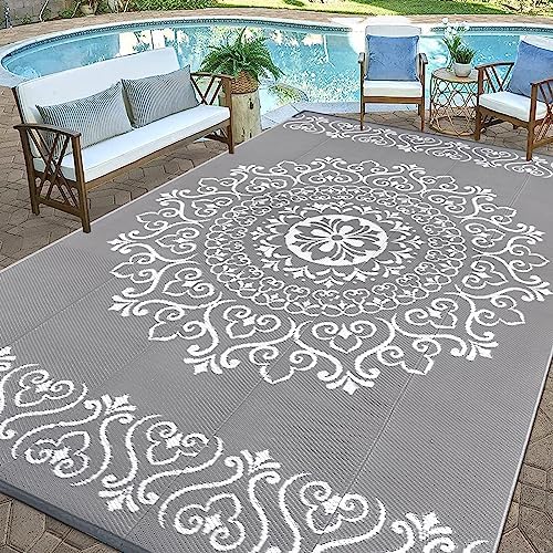 Pauwer Outdoor Rug 9x12, Waterproof Plastic Straw Camping Rug, Floral Grey - Image 3