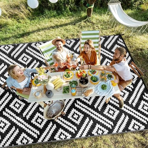 Kalafun Outdoor Patio Plastic Straw Rug, 6x9 ft, Moden Black White - Image 2