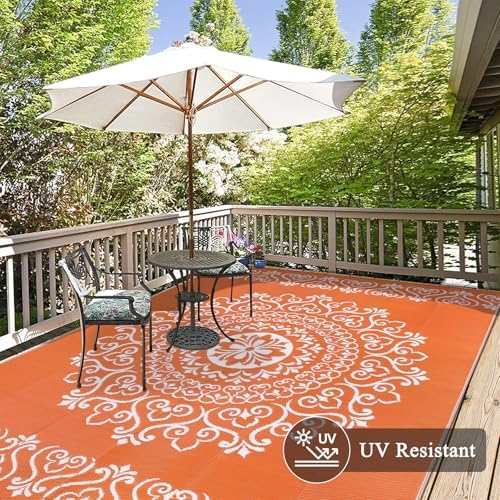 Pauwer Outdoor Rug 6x9, Waterproof Plastic Camping Rug, Floral Orange - Image 4
