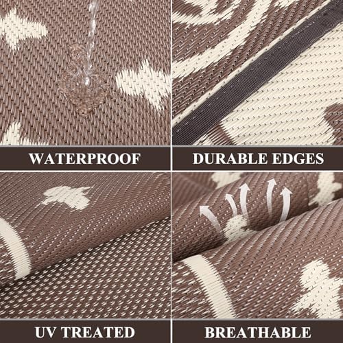 Pauwer Waterproof Outdoor Rug 8x10, Plastic Straw Patio Rug, Bordered Brown - Image 3