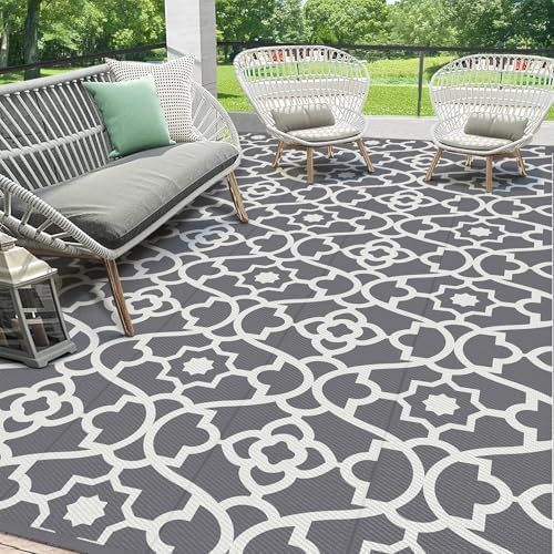 HEBE Waterproof Outdoor Rug 8'x10', Geometric Reversible Plastic Patio Rug by HEBE