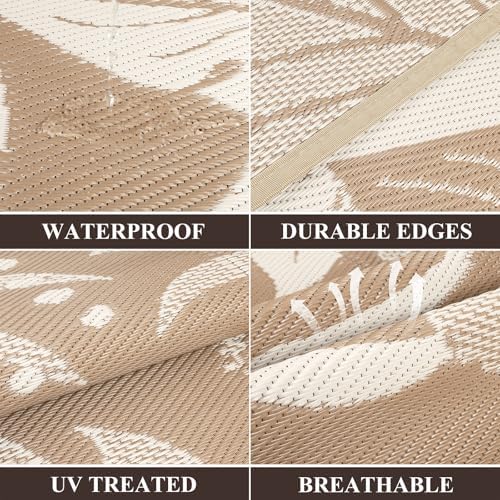 Pauwer Waterproof Outdoor Rug 9x12, Plastic Straw Patio Rug, Floral Brown - Image 3