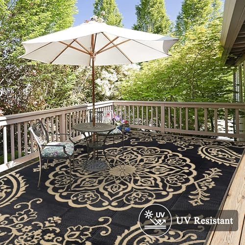 Pauwer Outdoor Rug 8x10, Waterproof Plastic Camping Rug, Boho Black Brown - Image 4