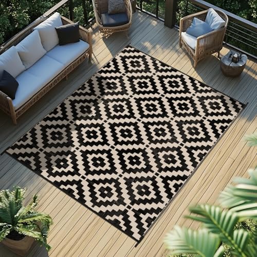 Favoyard Outdoor Rug Black & Beige 4x6 ft Waterproof Reversible Carpet Mat by OutdoorFurnitureAccessories