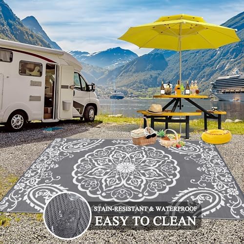 Pauwer Outdoor Rug 10x14, Waterproof Plastic Straw Camping Rug, Boho Grey - Image 4