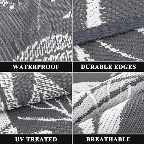 Pauwer Waterproof Outdoor Rug 6x9, Plastic Straw Patio Rug, Floral Grey - Image 3