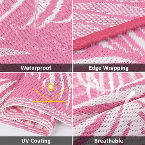 Pauwer Waterproof Outdoor Rug 6x9, Plastic Straw Patio Rug, Leaf Pink - Image 3