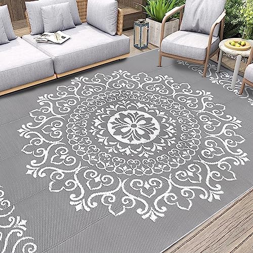 Pauwer Outdoor Rug 9x12, Waterproof Plastic Straw Camping Rug, Floral Grey - Image 5
