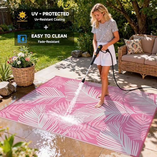 Pauwer Waterproof Outdoor Rug 6x9, Plastic Straw Patio Rug, Leaf Pink - Image 4