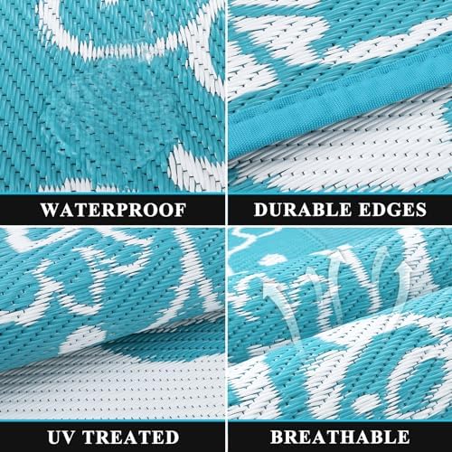 Pauwer Outdoor Rug 8x10, Waterproof Plastic Straw Camping Rug, Boho Teal - Image 3