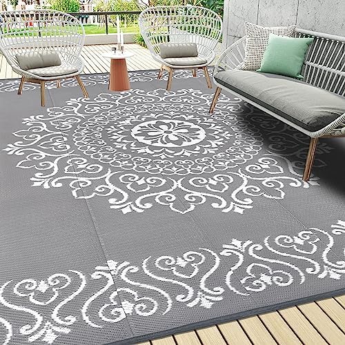 Pauwer Outdoor Rug 9x12, Waterproof Plastic Straw Camping Rug, Floral Grey by Pauwer