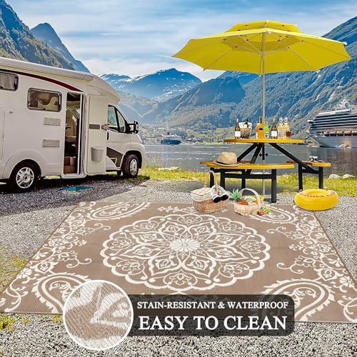 Pauwer Outdoor Rug 10x14, Waterproof Plastic Straw Camping Rug, Boho Brown - Image 5