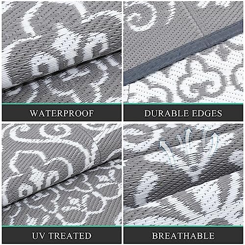 Pauwer Outdoor Rug 9x12, Waterproof Plastic Straw Camping Rug, Floral Grey - Image 4