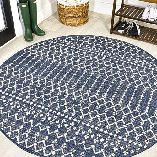 JONATHAN Y Moroccan Geometric Indoor Outdoor Round Area Rug 9 Ft Navy/Beige by JONATHANY