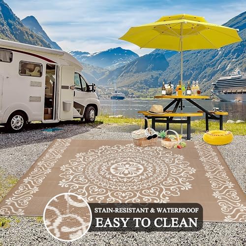 Pauwer Outdoor Rug 9x12, Waterproof Plastic Straw Camping Rug, Floral Brown - Image 4