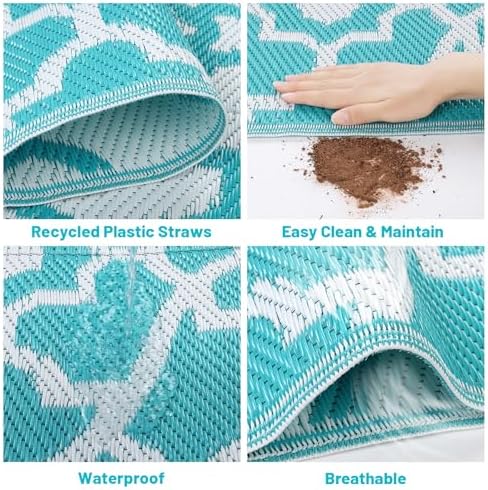 HEBE Waterproof Outdoor Rug 5'x8', Geometric Reversible Plastic Patio Rug - Image 4