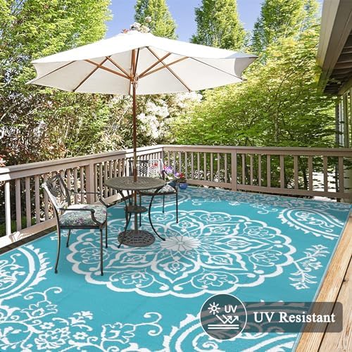 Pauwer Outdoor Rug 8x10, Waterproof Plastic Straw Camping Rug, Boho Teal - Image 4