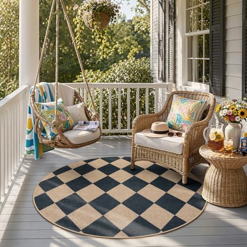 Lahome Checkered Easy Jute Round Rug 4ft, Outdoor Entryway Rug Washable by Lahome