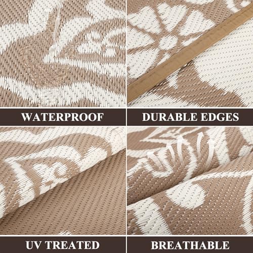 Pauwer Outdoor Rug 9x12, Waterproof Plastic Straw Camping Rug, Boho Brown - Image 3