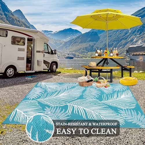Pauwer Waterproof Outdoor Rug 8x10, Plastic Straw Patio Rug, Leaf Teal - Image 5