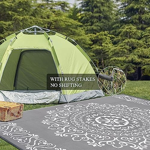 Pauwer Outdoor Rug 8x10, Waterproof Plastic Straw Camping Rug, Floral Grey - Image 6