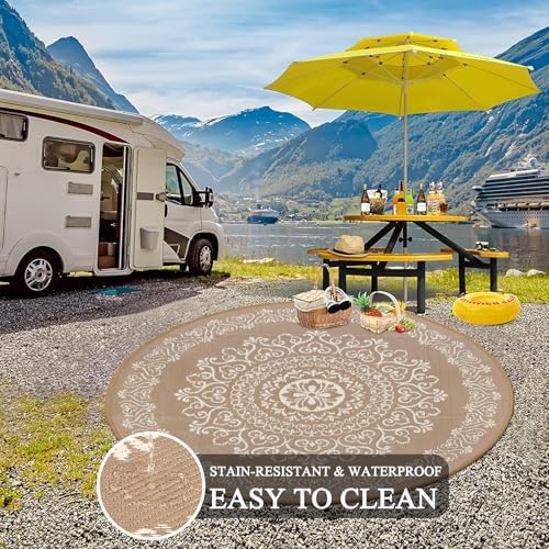 Pauwer Outdoor Rug 6ft, Waterproof Plastic Straw Camping Rug, Floral Brown - Image 5