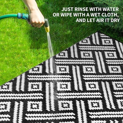 Kalafun Outdoor Patio Plastic Straw Rug, 5x8 ft, Moden Black White - Image 3
