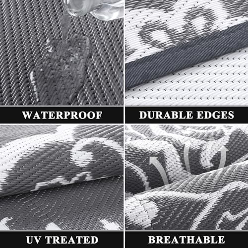 Pauwer Outdoor Rug 10x14, Waterproof Plastic Straw Camping Rug, Boho Grey - Image 2
