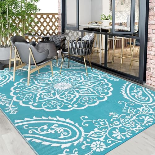 Pauwer Outdoor Rug 9x12, Waterproof Plastic Straw Camping Rug, Boho Teal - Image 6