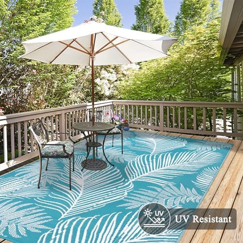 Pauwer Waterproof Outdoor Rug 8x10, Plastic Straw Patio Rug, Leaf Teal - Image 4