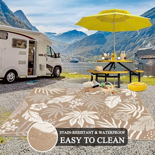 Pauwer Waterproof Outdoor Rug 8x10, Plastic Straw Patio Rug, Floral Brown - Image 5