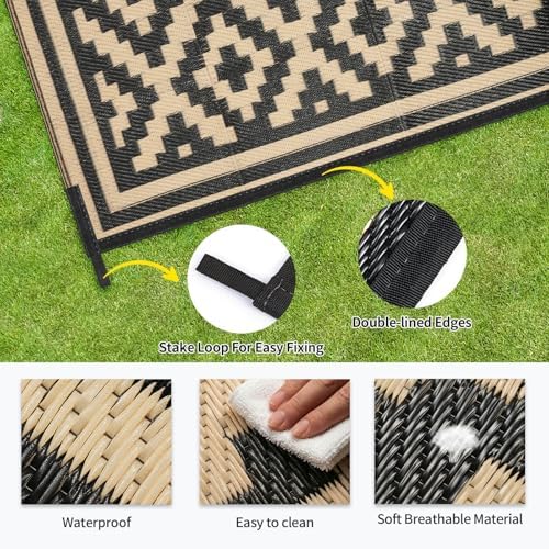 Kalafun Outdoor Patio Plastic Straw Rug, 5x8 ft, Stripe Black Brown - Image 5