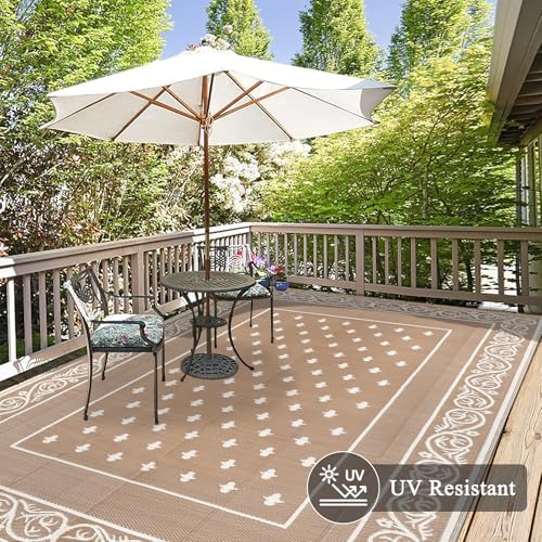 Pauwer Waterproof Outdoor Rug 10x14, Plastic Patio Rug, Bordered Beige - Image 3